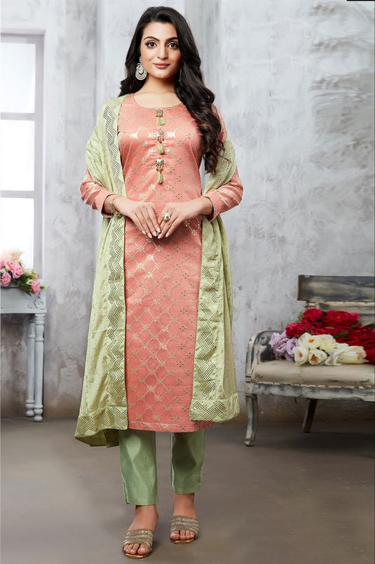 Peach Color Inventive Art Silk Function Wear Salwar Suit
