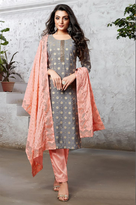 Grey Color Lavish Art Silk Function Wear Salwar Suit