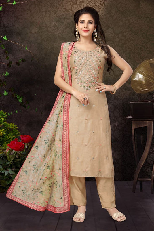 Beige Color Stylish Chanderi Fabric Festive Look Salwar Suit