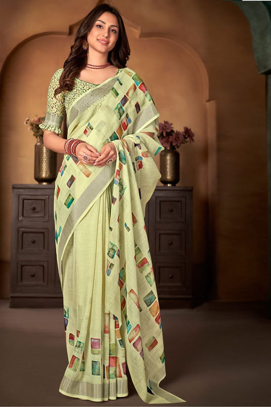Yellow Color Casual Wear Cotton Linen Fabric Admirable Digital Printed Saree