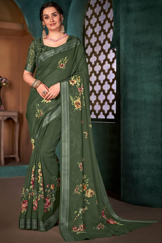 Casual Wear Cotton Linen Fabric Green Color Enticing Digital Printed Saree