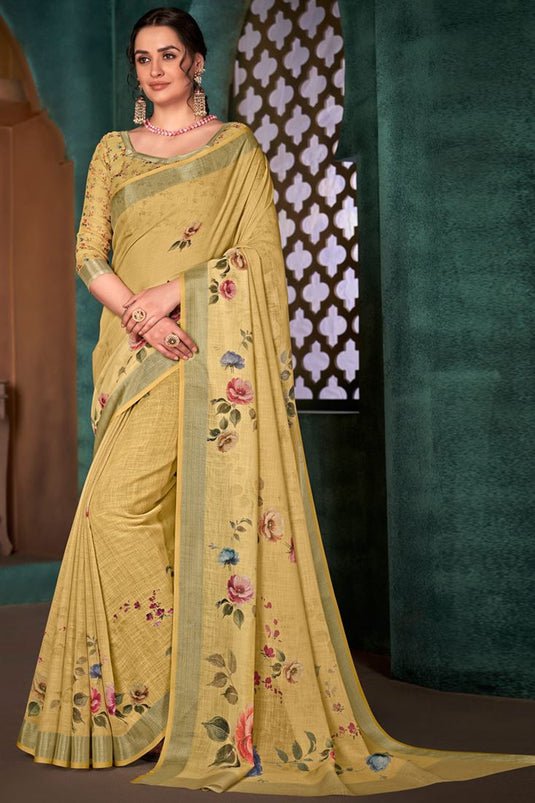 Cotton Linen Fabric Casual Wear Mustard Color Delicate Digital Printed Saree