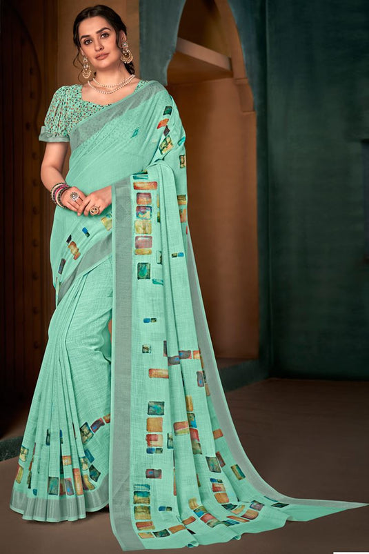 Cotton Linen Fabric Casual Wear Brilliant Digital Printed Saree In Sea Green Color
