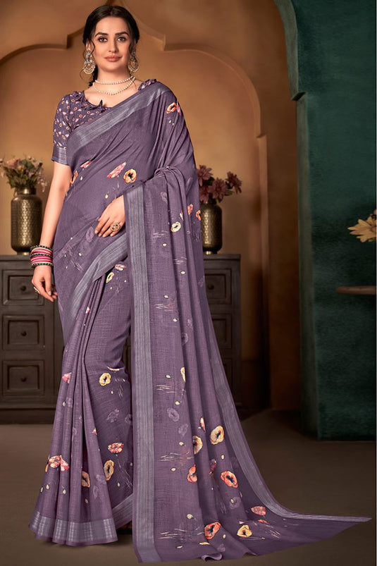 Casual Wear Cotton Linen Fabric Purple Color Soothing Digital Printed Saree