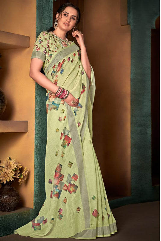 Cotton Linen Fabric Casual Wear Wonderful Digital Printed Saree In Yellow Color