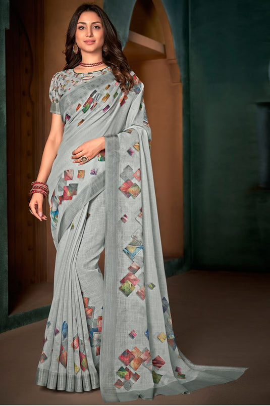 Cotton Linen Fabric Casual Wear Grey Color Fantastic Digital Printed Saree