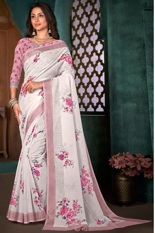 Off White Color Casual Wear Cotton Linen Fabric Awesome Digital Printed Saree