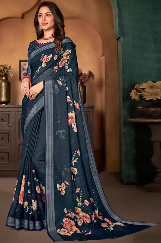 Casual Wear Cotton Linen Fabric Black Color Ingenious Digital Printed Saree
