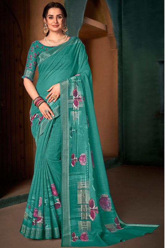 Casual Wear Cotton Linen Fabric Teal Color Mesmeric Digital Printed Saree