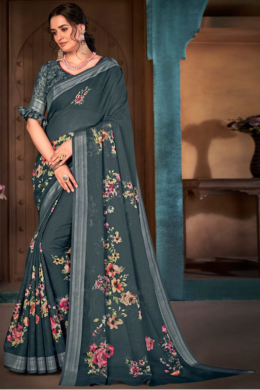 Cotton Linen Fabric Casual Wear Dark Grey Color Stunning Digital Printed Saree