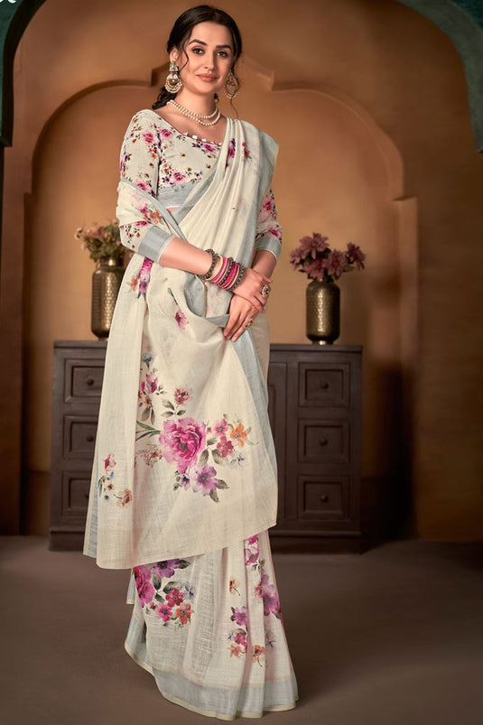 Beige Color Cotton Linen Fabric Daily Wear Bewitching Digital Printed Saree