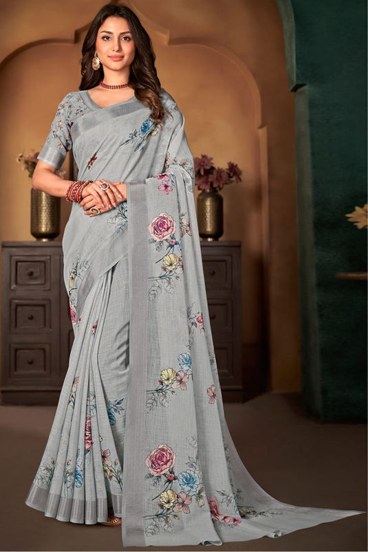 Cotton Linen Fabric Casual Wear Imposing Digital Printed Saree In Grey Color