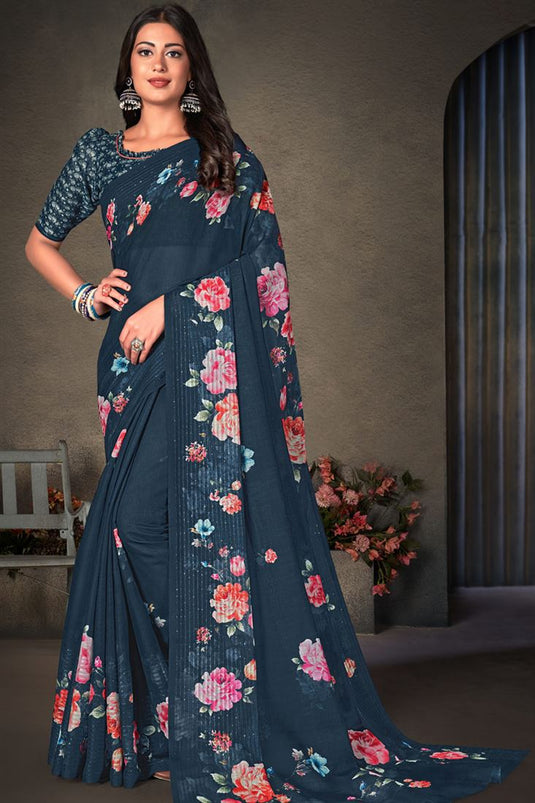 Daily Wear Cotton Linen Fabric Luminous Digital Printed Work Saree In Navy Blue Color