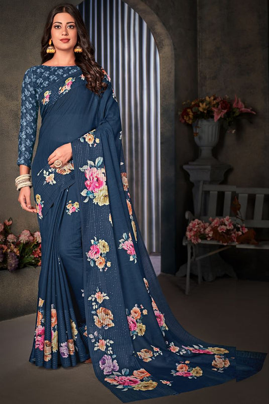 Daily Wear Blazing Blue Digital Printed Work Saree In Cotton Linen Fabric