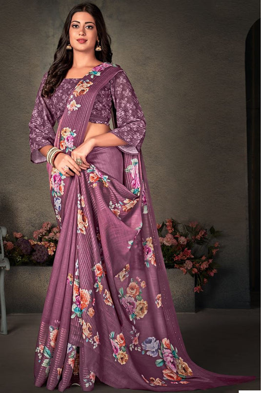 Daily Wear Purple Color Gleaming Digital Printed Work Saree In Cotton Linen Fabric