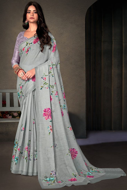 Daily Wear Cotton Linen Fabric Enticing Digital Printed Work Saree In Grey Color