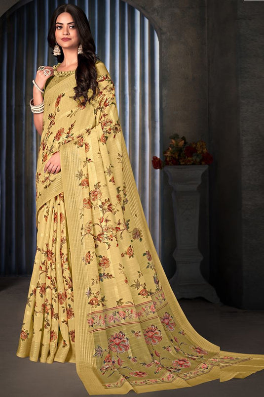 Enticing Yellow Color Cotton Linen Fabric Daily Wear Digital Printed Work Saree