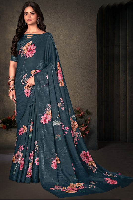 Winsome Daily Wear Teal Digital Printed Work Saree In Cotton Linen Fabric