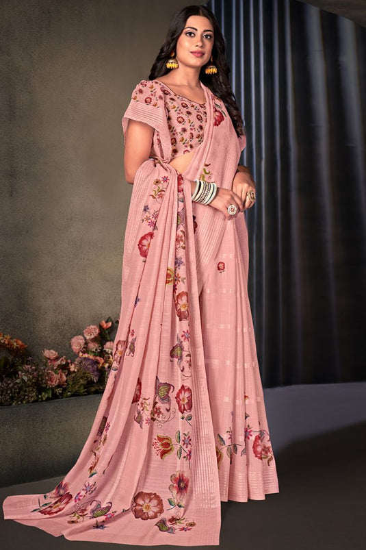 Daily Wear Peach Color Mesmeric Digital Printed Work Saree In Cotton Linen Fabric