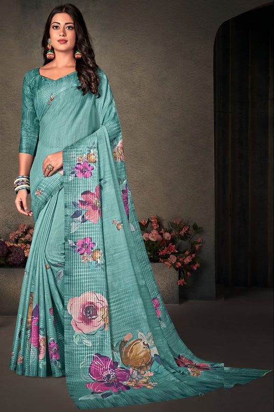 Adoring Daily Wear Cyan Color Digital Printed Work Saree In Cotton Linen Fabric