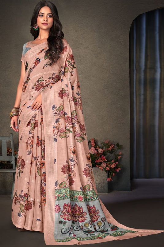 Cotton Linen Fabric Peach Color Casual Wear Embellished Digital Printed Work Saree