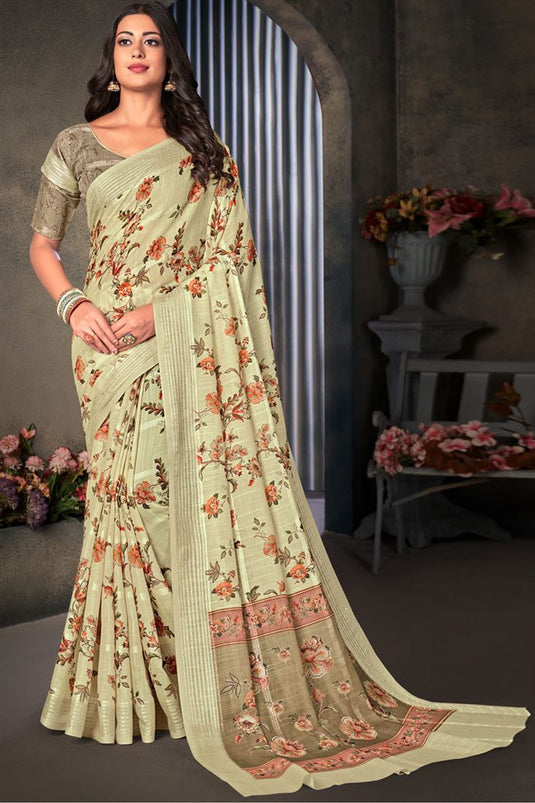 Daily Wear Mesmerizing Cotton Linen Fabric Digital Printed Work Saree In Beige Color