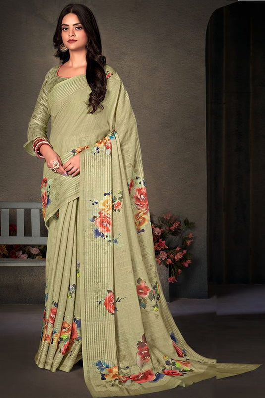 Khaki Color Daily Wear Astounding Digital Printed Work Saree In Cotton Linen Fabric