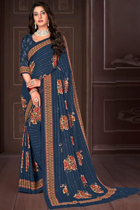 Georgette Fabric Daily Wear Navy Blue Color Saree With Graceful Digital Printed Work