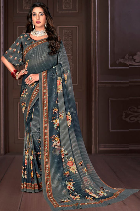 Georgette Fabric Grey Color Casual Wear Saree With Soothing Digital Printed Work