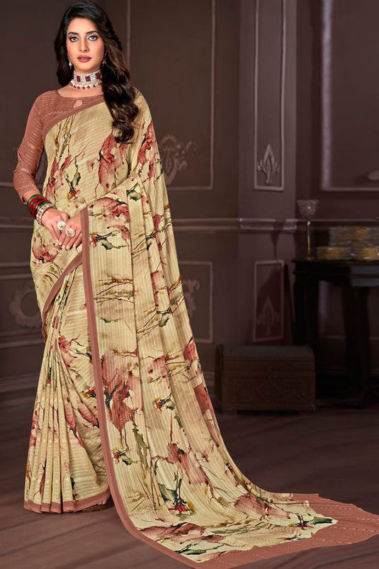 Casual Wear Georgette Fabric Beige Color Saree With Superior Digital Printed Work