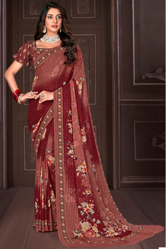Casual Wear Maroon Color Georgette Fabric Pretty Saree With Blazing Digital Printed Work