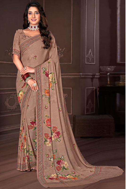 Charismatic Digital Printed Work Casual Wear Georgette Fabric Saree In Chikoo Color
