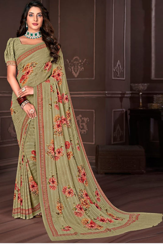 Casual Wear Sea Green Color Saree In Georgette Fabric Remarkable Digital Printed Work