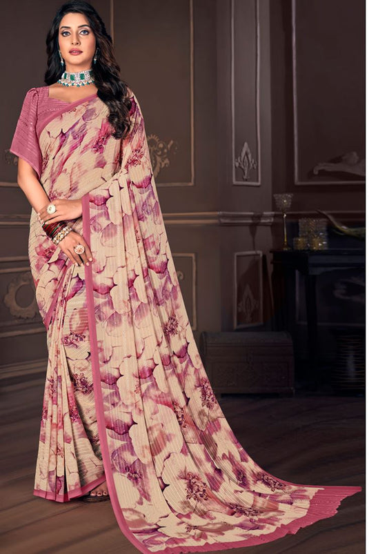 Casual Wear Cream Color Georgette Fabric Saree With Intriguing Digital Printed Work