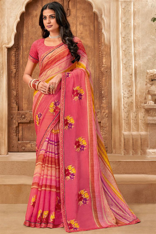 Traditional Festive Look Pink Color Chiffon Saree