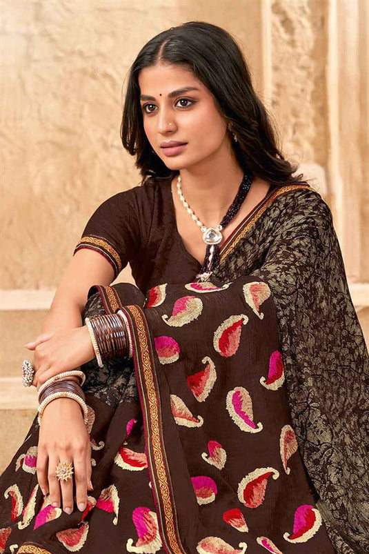 Ravishing Festive Look Chiffon Saree In Brown Color