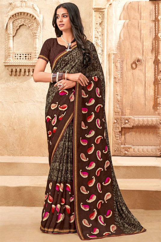 Ravishing Festive Look Chiffon Saree In Brown Color