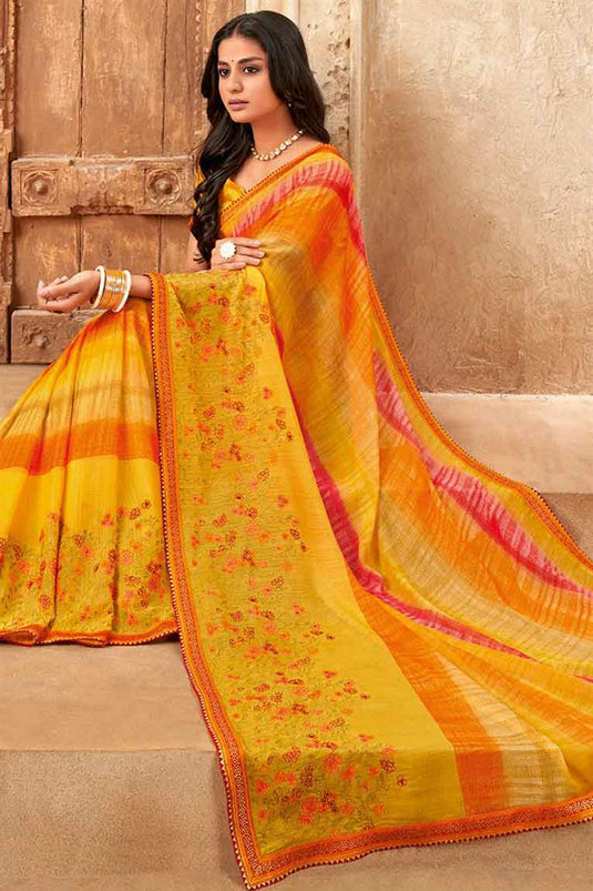 Enticing Yellow Color Festive Look Chiffon Saree