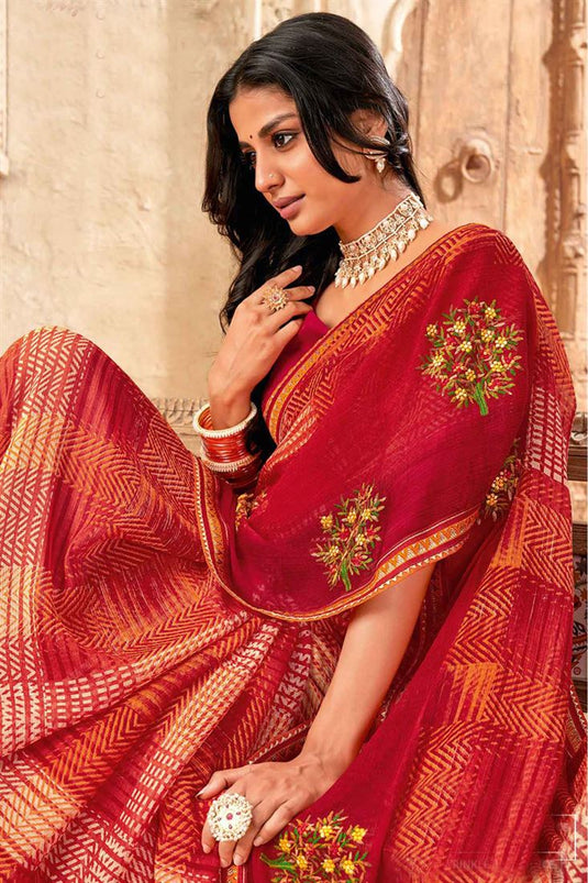 Gorgeous Red Color Festive Look Chiffon Saree