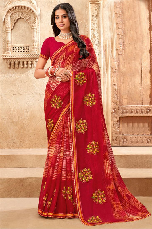 Gorgeous Red Color Festive Look Chiffon Saree