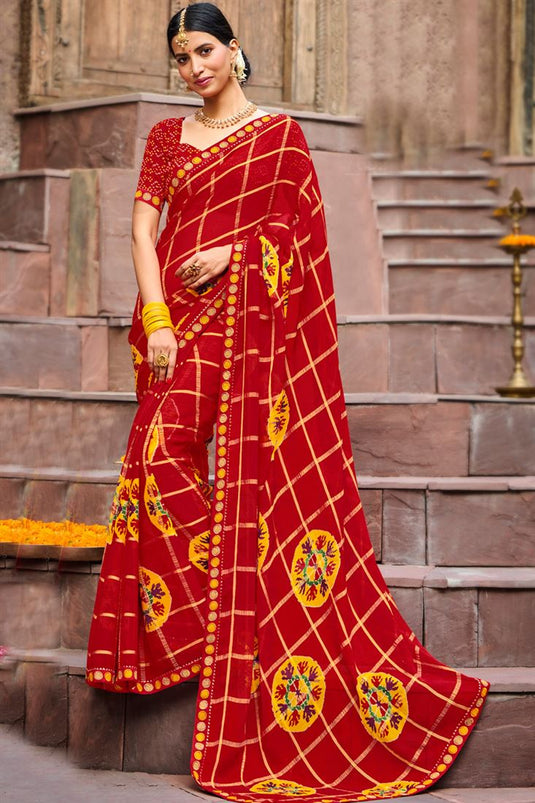 Chiffon Fabric Red Color Delicate Light Weight Printed Saree