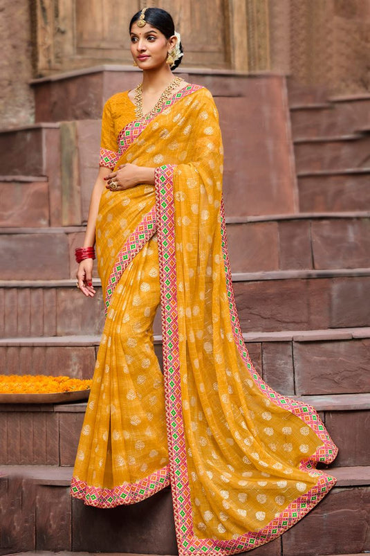 Yellow Color Chiffon Fabric Chic Light Weight Printed Saree