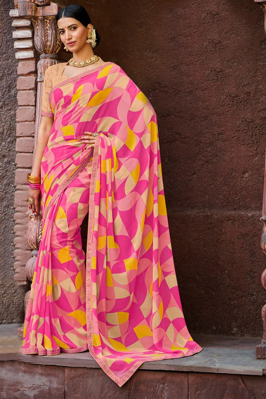 Pink Color Georgette Fabric Awesome Light Weight Printed Saree