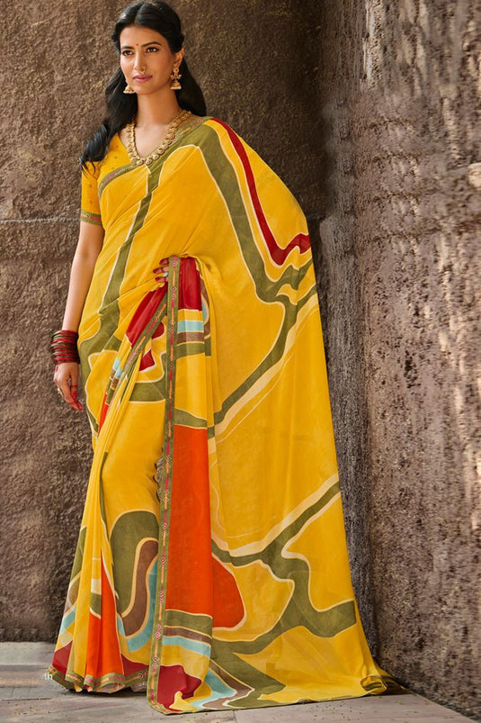 Yellow Color Georgette Fabric Vintage Light Weight Printed Saree
