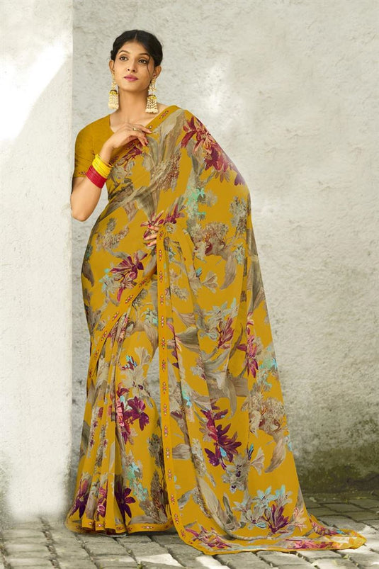 Radiant Yellow Color Georgette Fabric Printed Saree