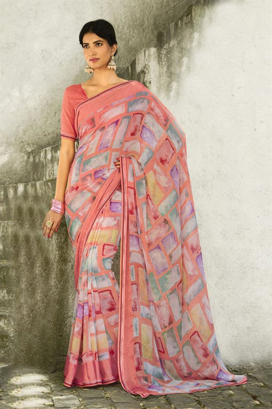 Georgette Fabric Peach Color Incredible Printed Saree