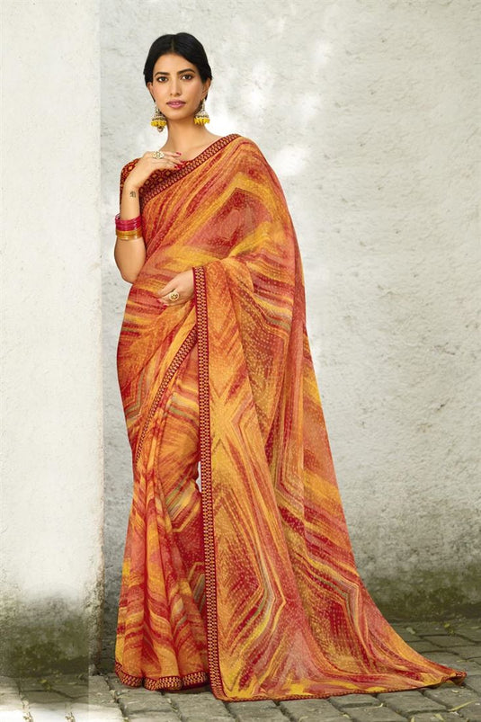Attractive Chiffon Fabric Mustard Color Printed Saree