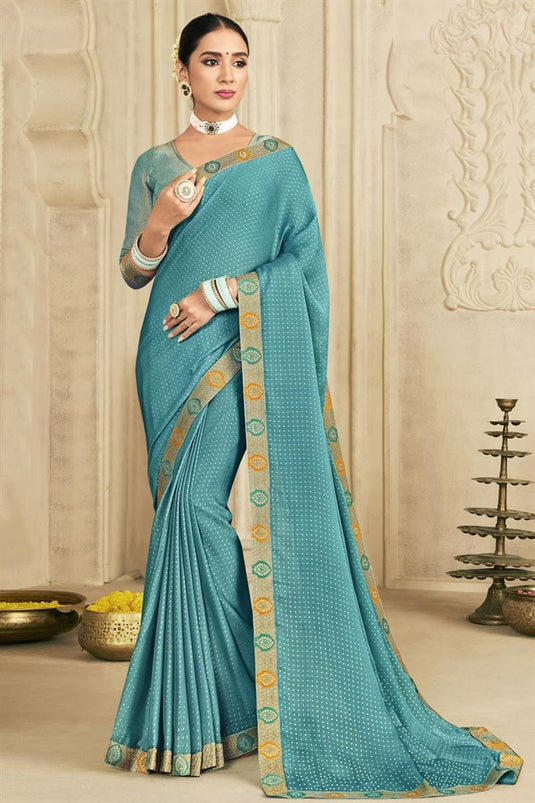 Cyan Color Chiffon Fabric Coveted Foil Printed Saree