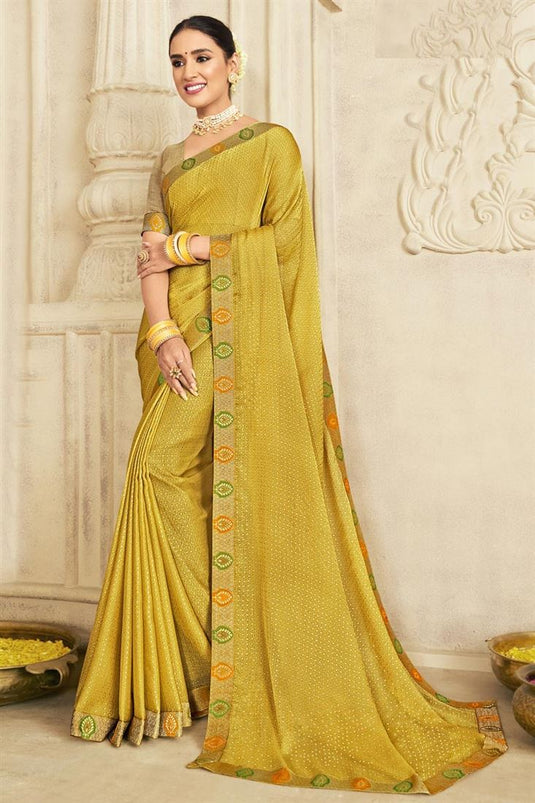 Excellent Chiffon Fabric Yellow Color Foil Printed Saree
