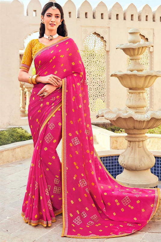 Bandhani Style Pink Color Appealing Chiffon Saree